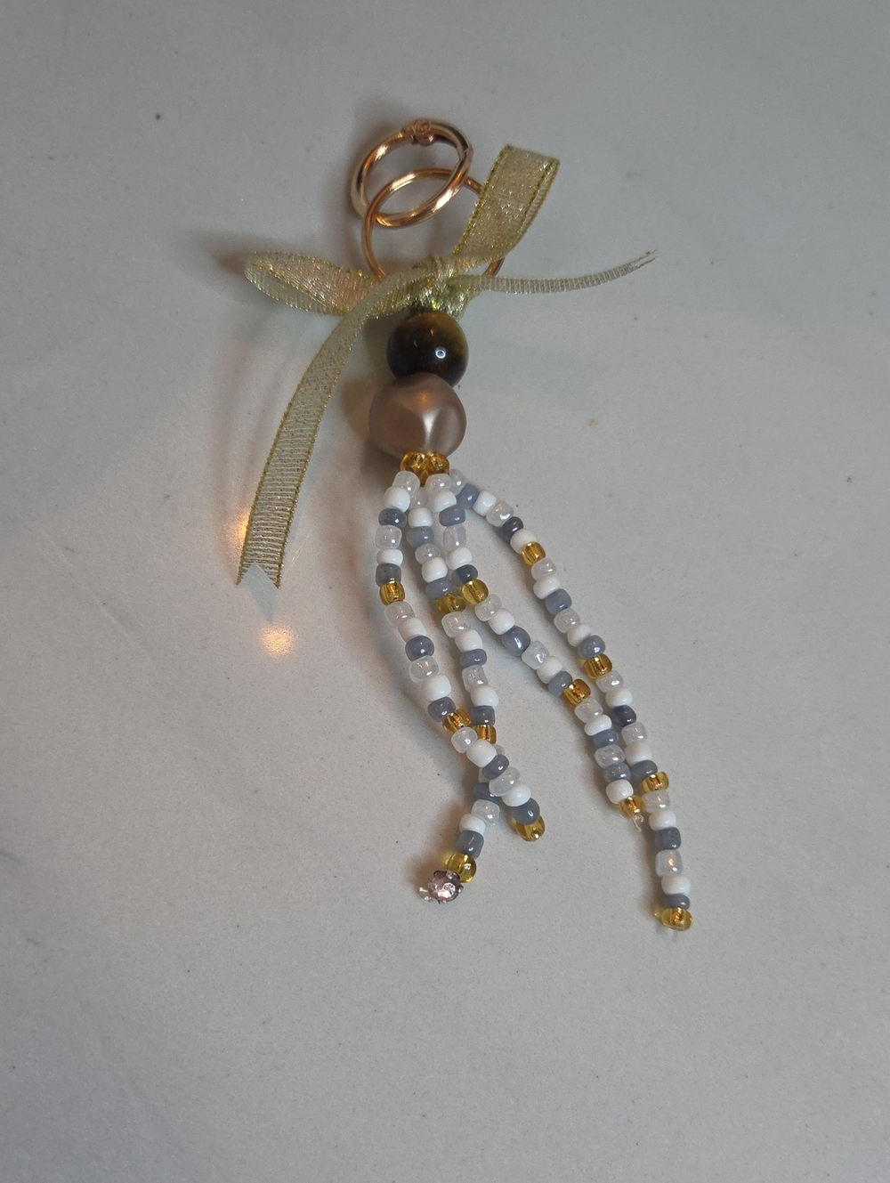 Handmade Gold Ribbon Bead Tassel Bag Charm White, Gray & Gold